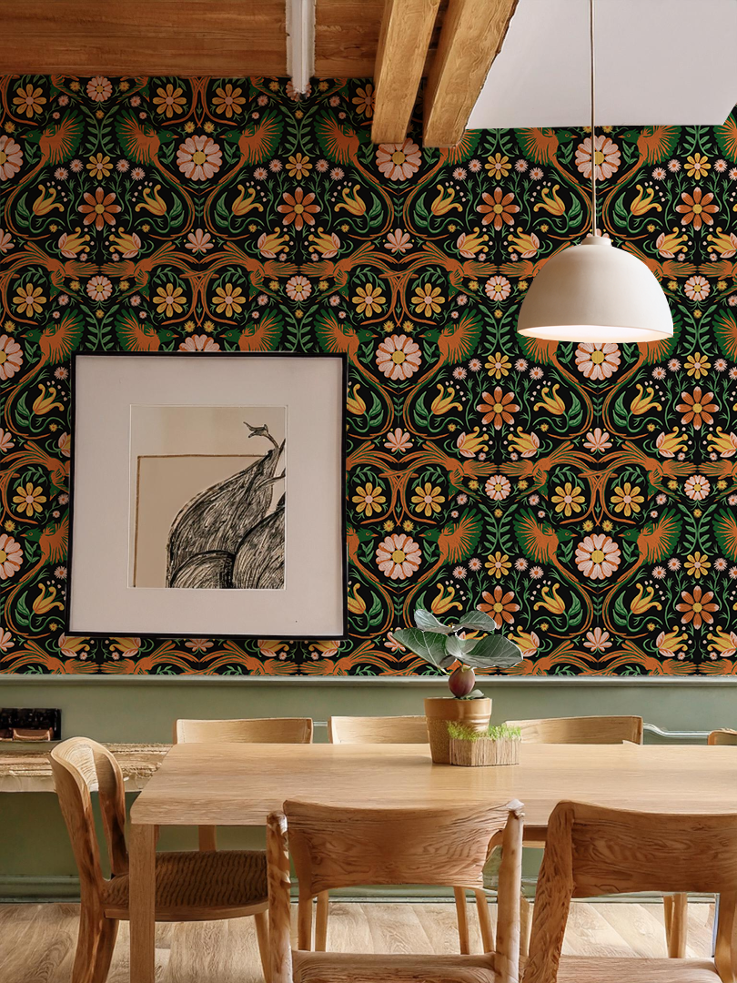Folkie Birdie Wallpaper, black, orange and green- Samantha Santana Creative- {{Product type}}