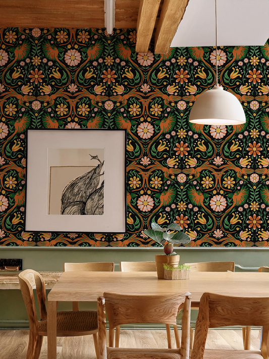 Folkie Birdie Wallpaper Black, Orange and Green - - Wallpaper