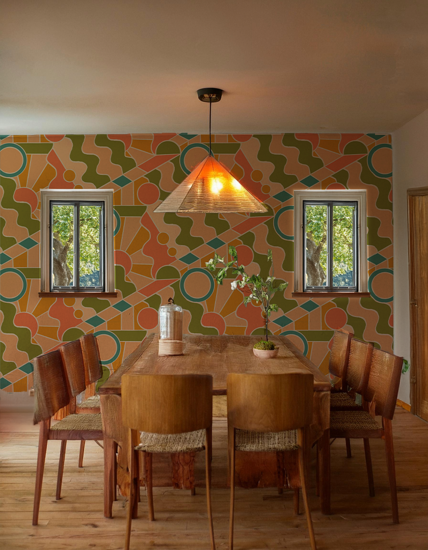Day Trippin' Wallpaper, olive green, peach, coral and blue- Samantha Santana Creative- {{Product type}}