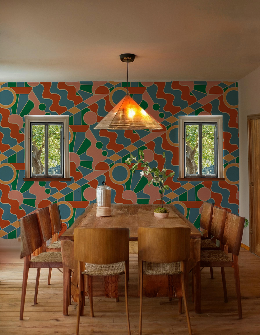 Day Trippin' Wallpaper, blue, green, pink and brick red- Samantha Santana Creative- {{Product type}}