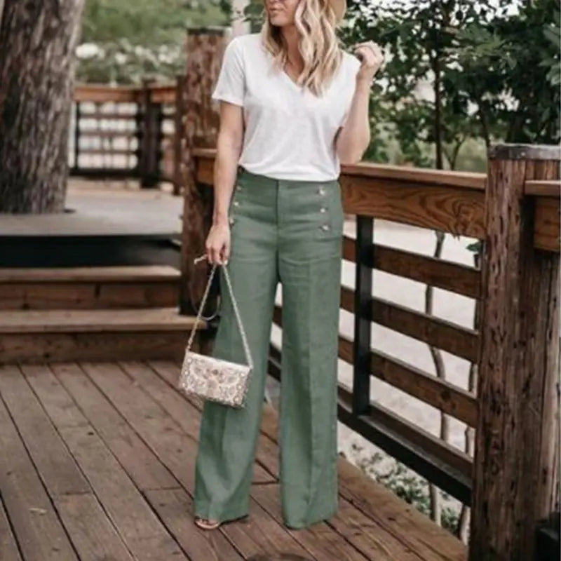 Women's High-Waisted Button Wide-Leg Pants - Kia Day Design