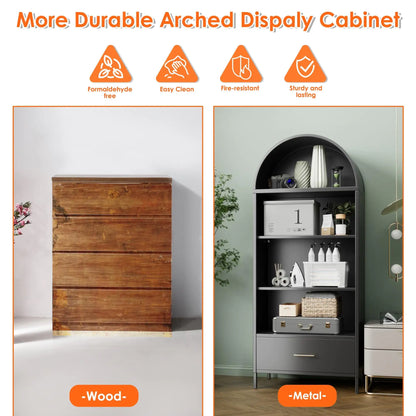 Black Metal Arched Bookshelf with Drawer - - Shelf