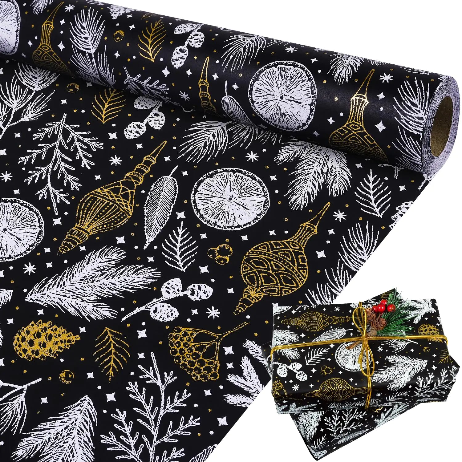Christmas Black and Gold Foil Kraft Gift Wrapping Paper - - wrapping paper
