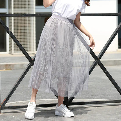 Net Yarn Fairy Puff Mid-Length Skirt for Ladies