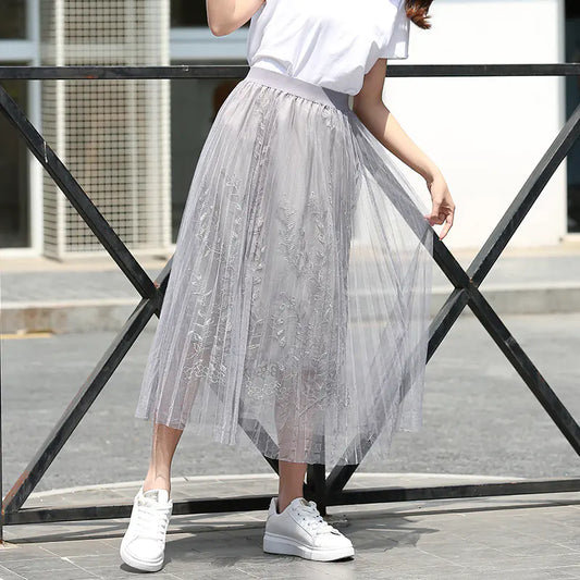 Net Yarn Fairy Puff Mid-Length Skirt for Ladies