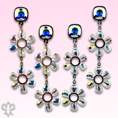 Iridescent bead double circle earring with Austrian crystal - - Earrings