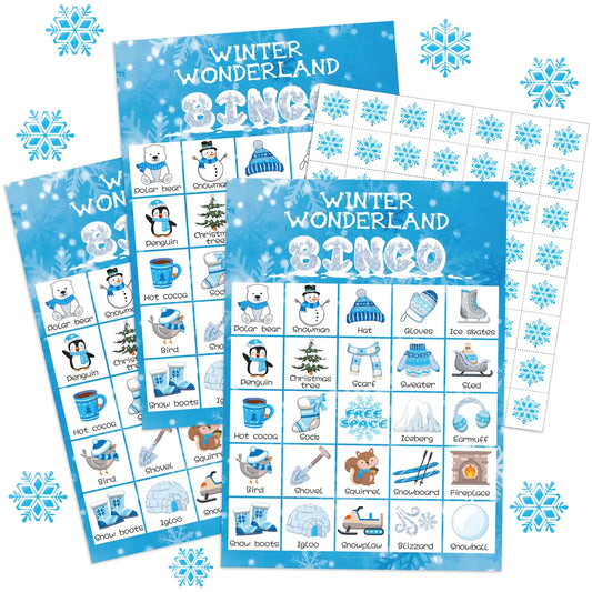 Liliful 35 Pcs Winter Bingo Games Christmas Bingo for Adult Boy Girl 24 Players Winter Wonderland Card Game Set Christmas Party Games for Teens School Family Winter Holiday Christmas Party Games Favor Kia Day Design