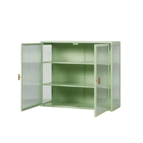 Mint Green Glass Double Door Wall Cabinet With Three Levels - Kia Day Design
