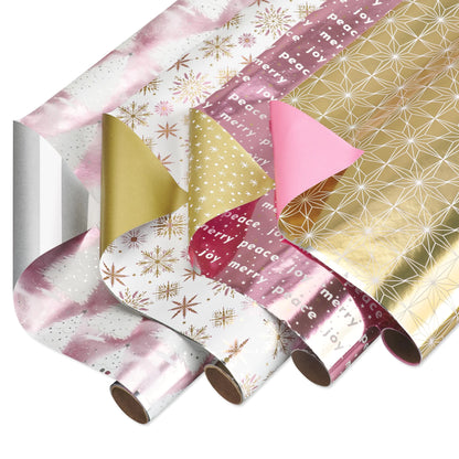 American Greetings 80 sq. ft. Gold & Pink Christmas Wrapping Paper Bundle (Stars) for Christmas Hanukkah and All Holidays (4 Rolls 30 in. x 8 ft.)