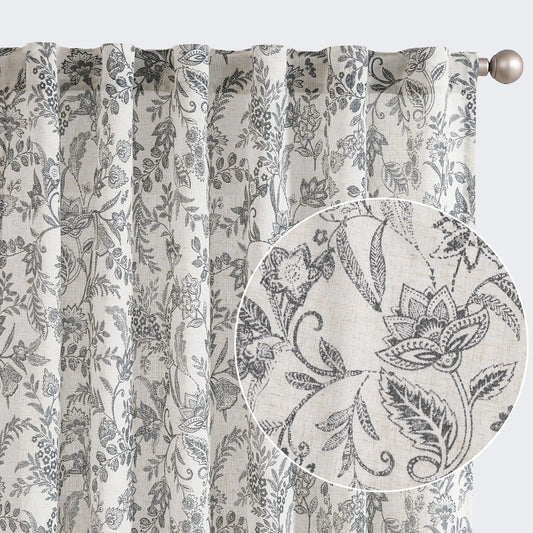 Linen Black Floral Curtains 90 Inch Length Back Tab Drapes Light Filtering Rod Pocket Curtains 2 Panels - Kia Day Design