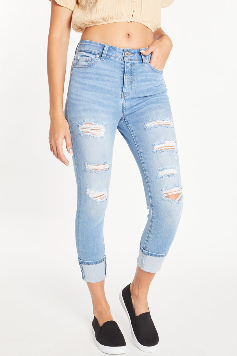 High Rise Destructed Skinny Jeans - -