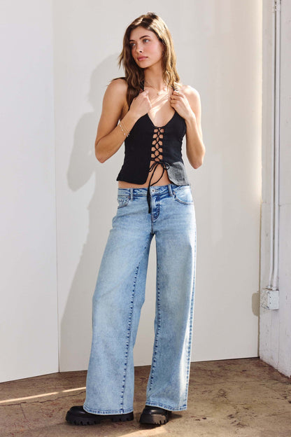 Low Waist Acid Washed Baggy Wide Leg Jeans - LIGHT - Pants