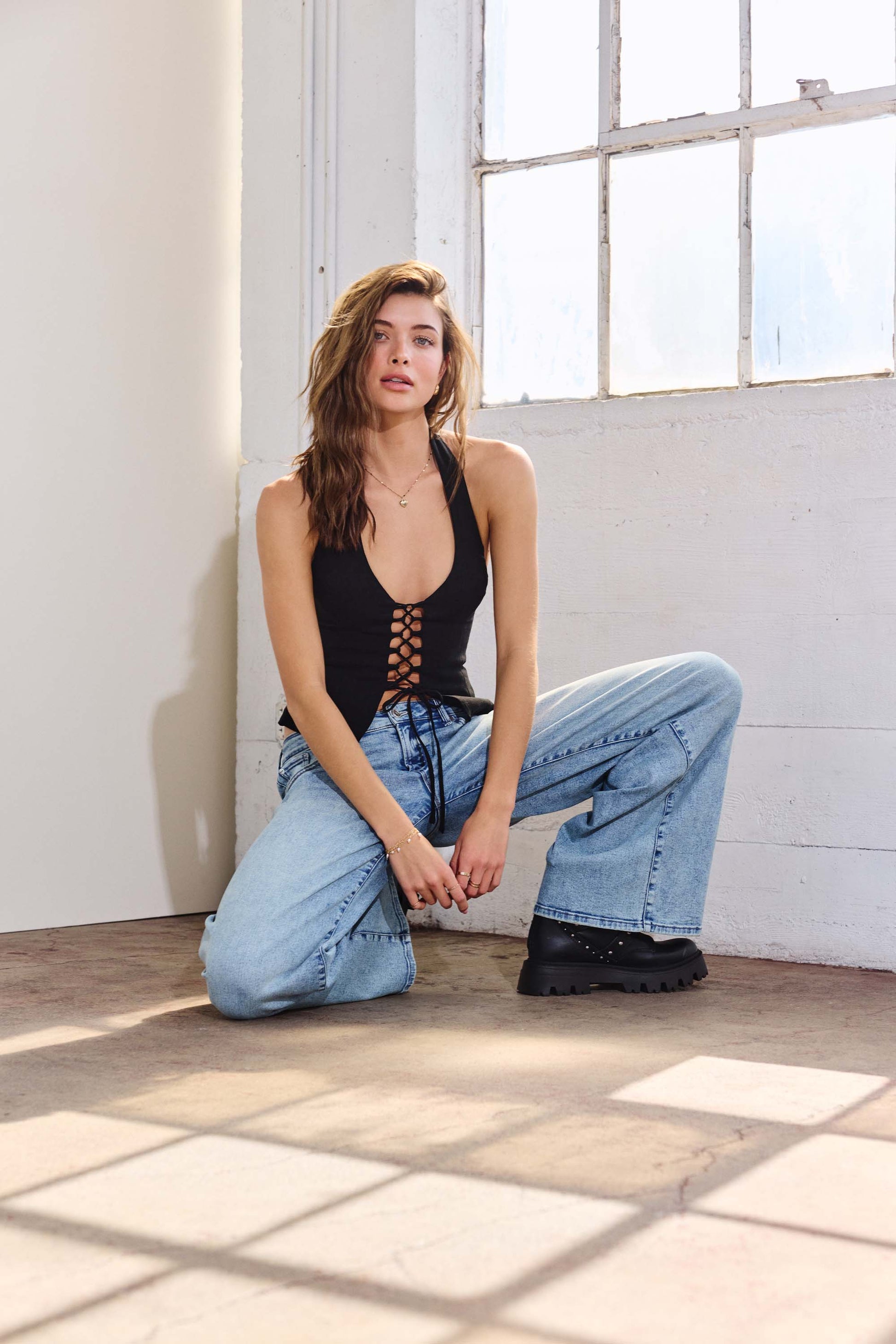Low Waist Acid Washed Baggy Wide Leg Jeans - - Pants