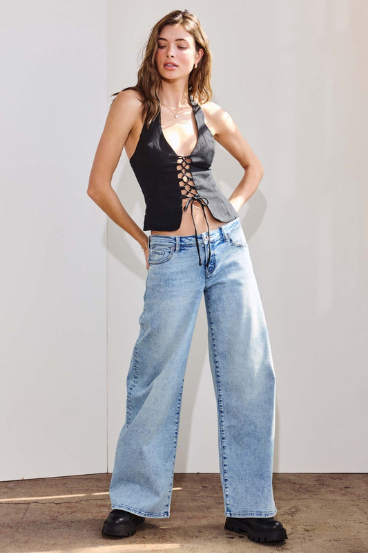 Low Waist Acid Washed Baggy Wide Leg Jeans - - Pants