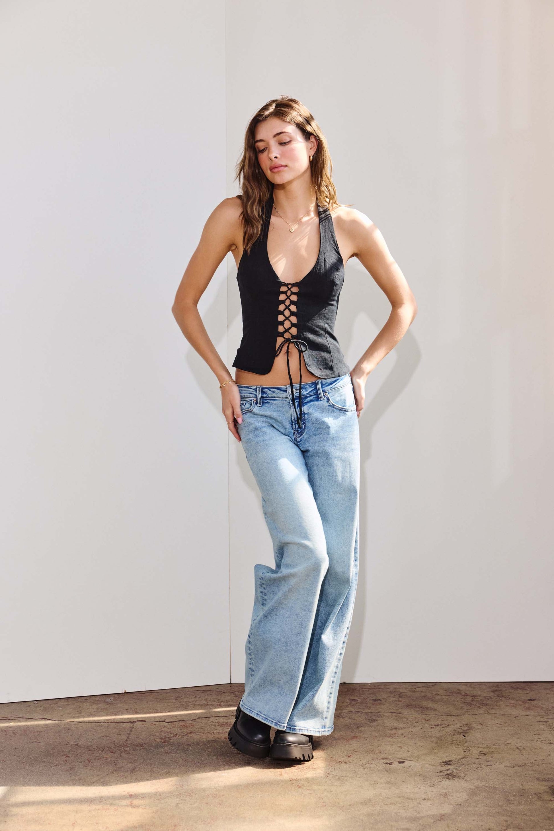 Low Waist Acid Washed Baggy Wide Leg Jeans - - Pants