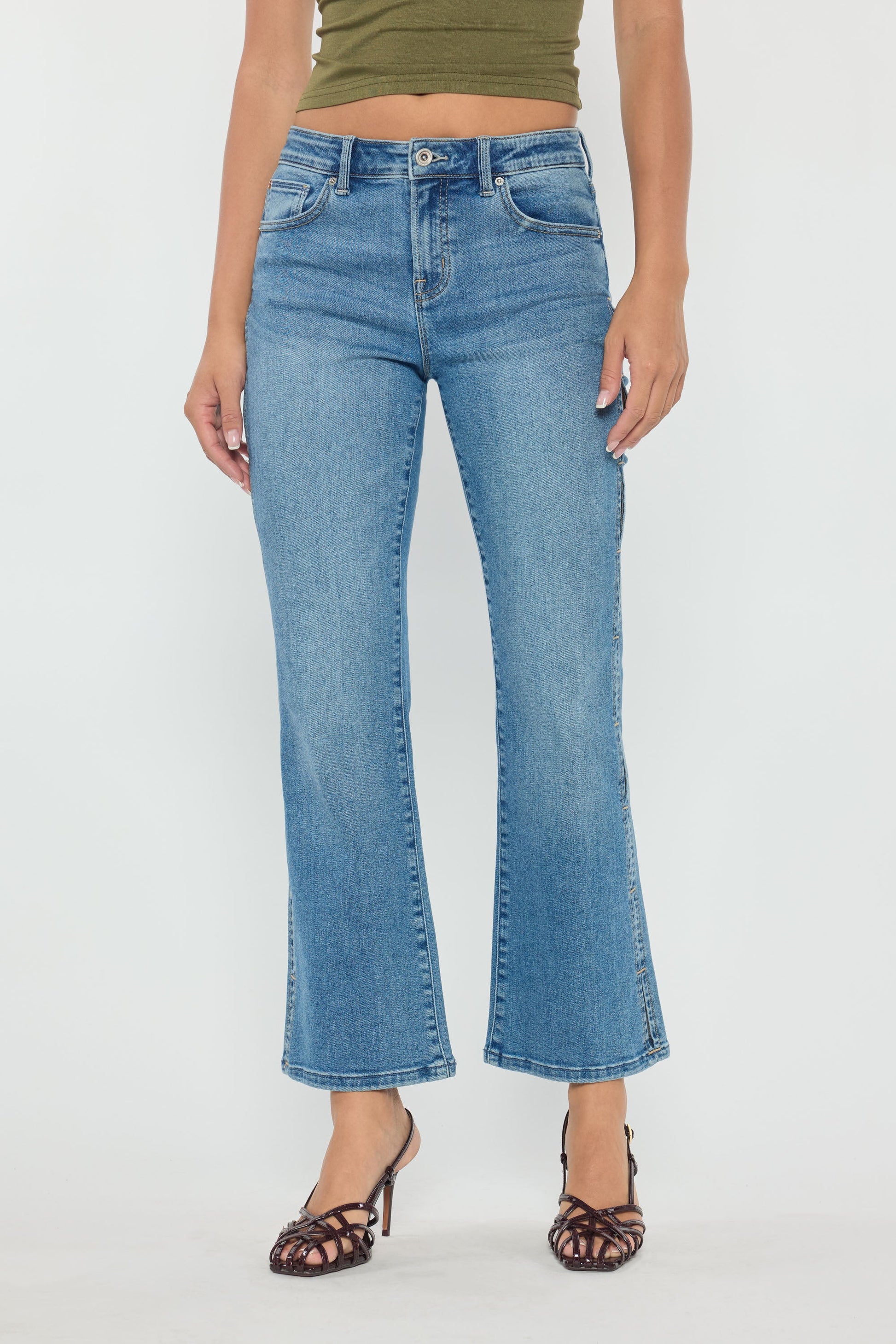 High Rise Relaxed Crop Bootcut Jeans with Side Cut-out hole Detail - - Pants