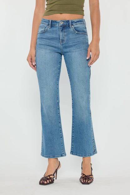 High Rise Relaxed Crop Bootcut Jeans with Side Cut-out hole Detail - - Pants