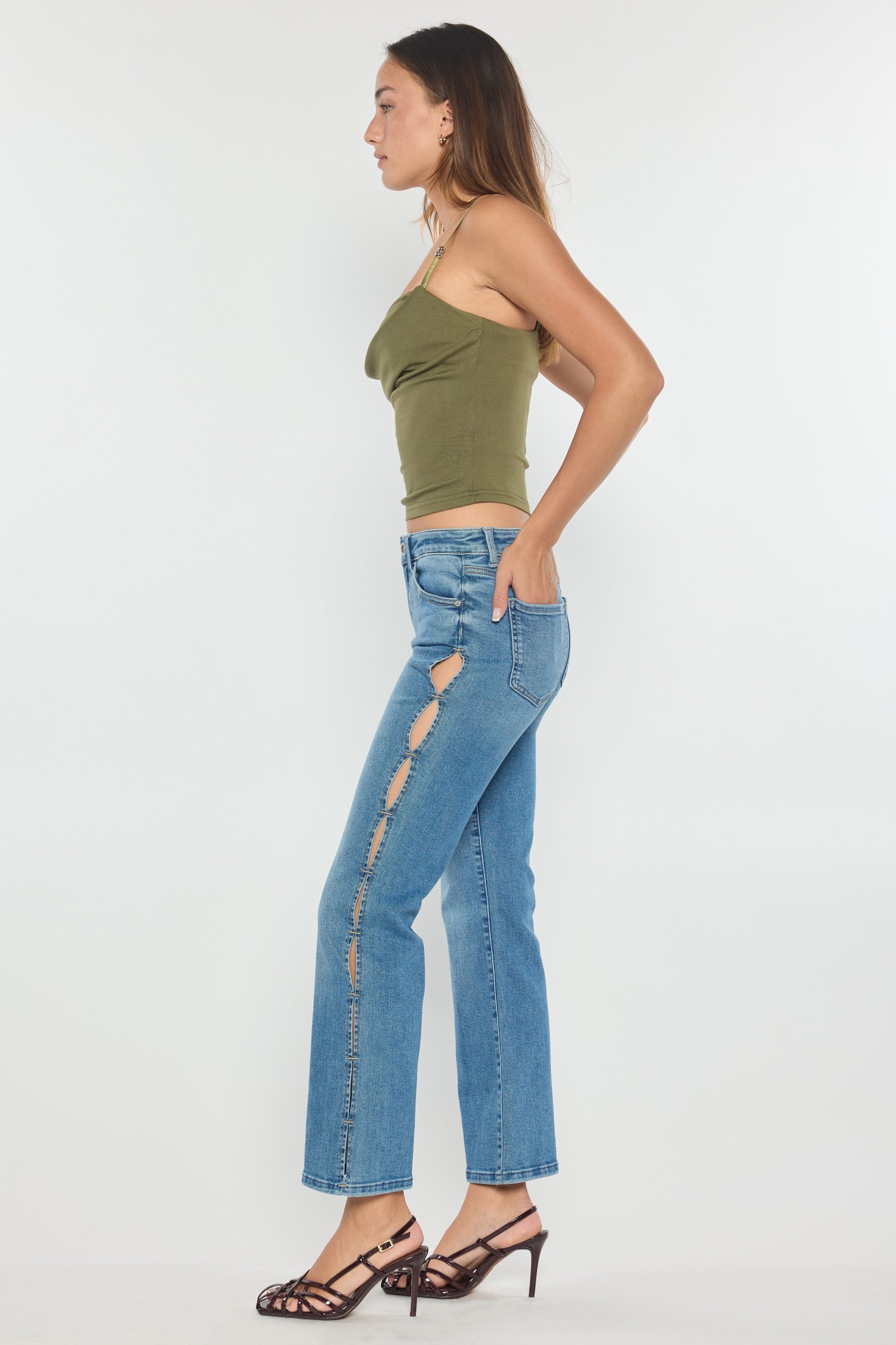 High Rise Relaxed Crop Bootcut Jeans with Side Cut-out hole Detail - - Pants
