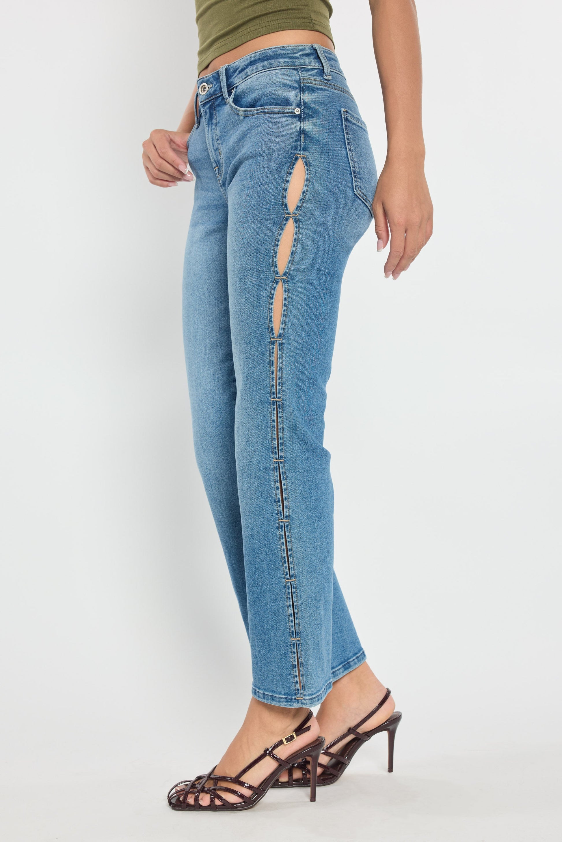 High Rise Relaxed Crop Bootcut Jeans with Side Cut-out hole Detail - - Pants