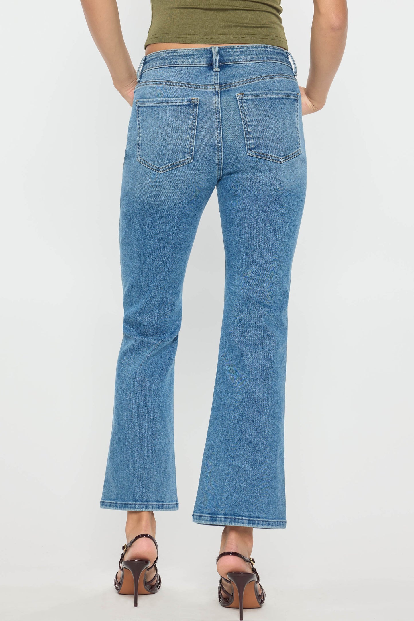 High Rise Relaxed Crop Bootcut Jeans with Side Cut-out hole Detail - - Pants