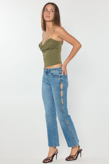 High Rise Relaxed Crop Bootcut Jeans with Side Cut-out hole Detail - - Pants