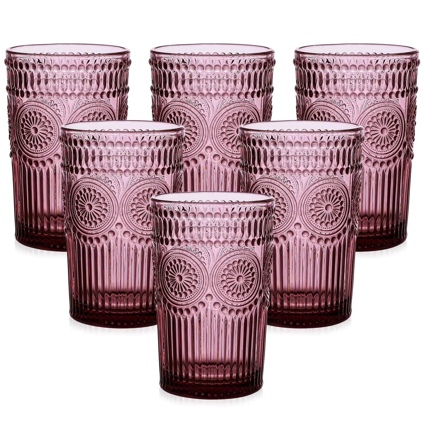 ZMOWIPDL Vintage Glassware Drinking Glasses Set of 613 oz Purple Textured Flower Design Glass Water Tumblers，Embossed Striped Drinkware for WaterCocktailsJuiceIced Coffee Kia Day Design