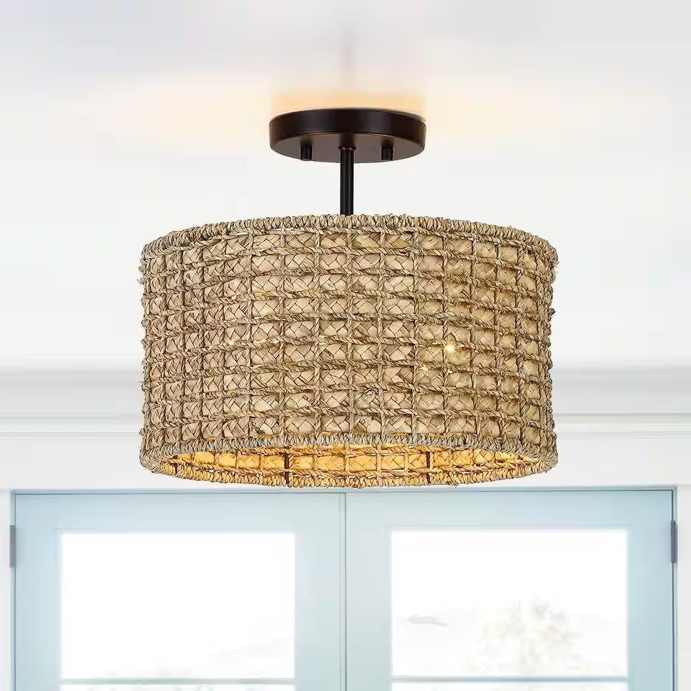 Bohemian 13.6-inch Round Rattan Drum 2-Light Ceiling Light - Semi-Flush Mount - - Lighting > Ceiling Lights & Pendant Lighting