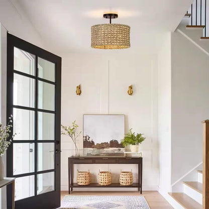 Bohemian 13.6-inch Round Rattan Drum 2-Light Ceiling Light - Semi-Flush Mount - - Lighting > Ceiling Lights & Pendant Lighting