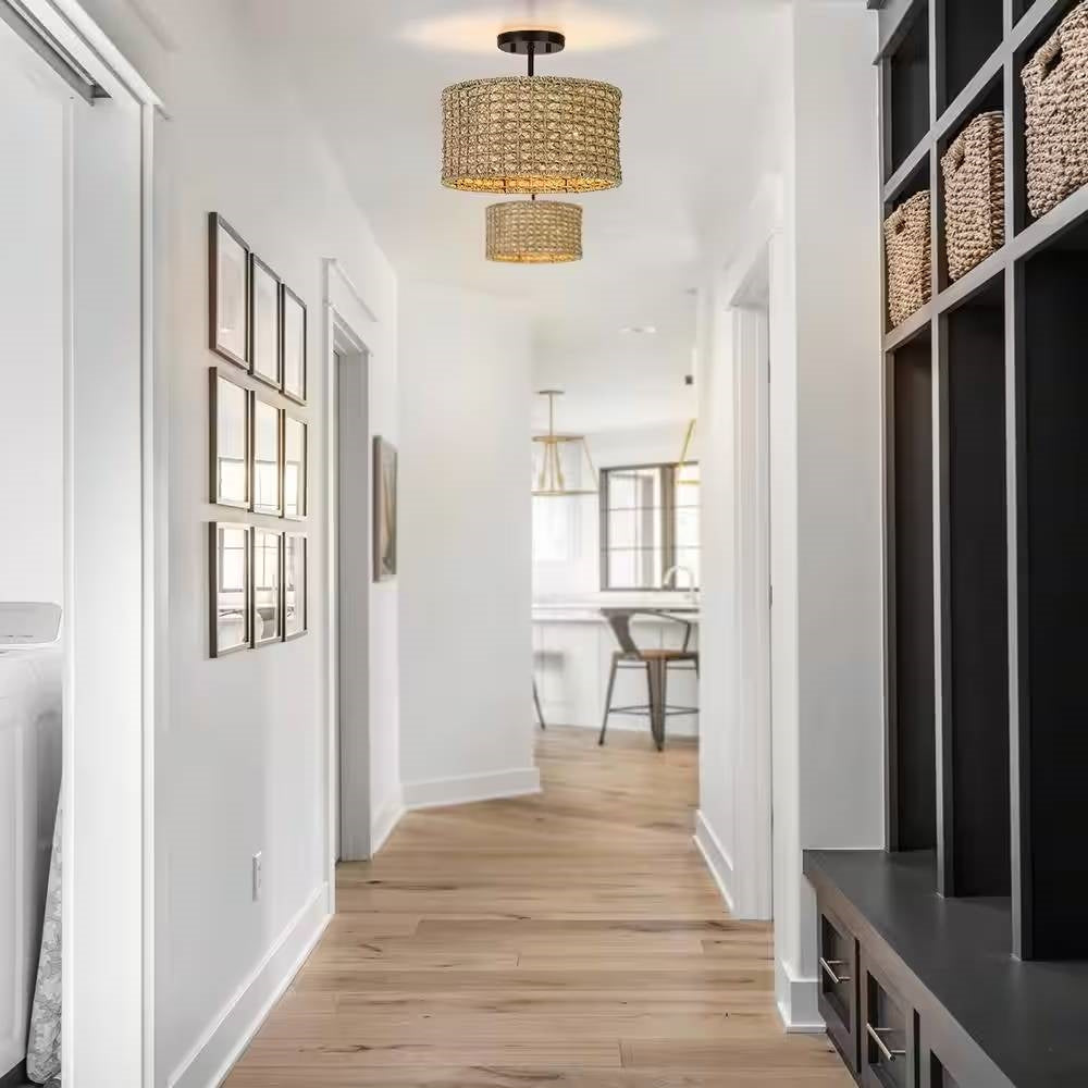 Bohemian 13.6-inch Round Rattan Drum 2-Light Ceiling Light - Semi-Flush Mount - - Lighting > Ceiling Lights & Pendant Lighting