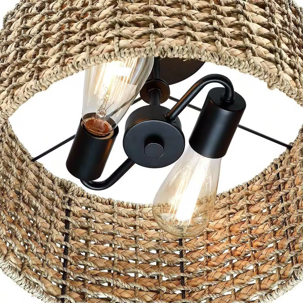 Bohemian 13.6-inch Round Rattan Drum 2-Light Ceiling Light - Semi-Flush Mount - - Lighting > Ceiling Lights & Pendant Lighting
