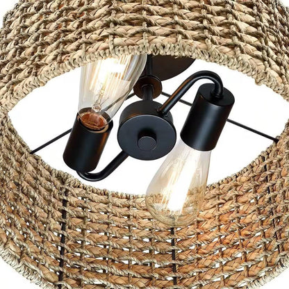 Bohemian 13.6-inch Round Rattan Drum 2-Light Ceiling Light - Semi-Flush Mount - - Lighting > Ceiling Lights & Pendant Lighting