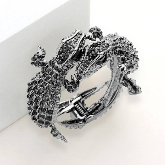 Crystal Rhinestone Double Crocodile/Alligator Evening Hinged Cuff Bracelet - Black Diamond - Bracelets