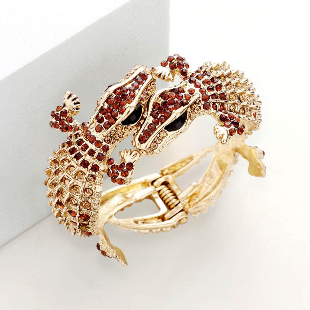 Crystal Rhinestone Double Crocodile/Alligator Evening Hinged Cuff Bracelet - Brown - Bracelets