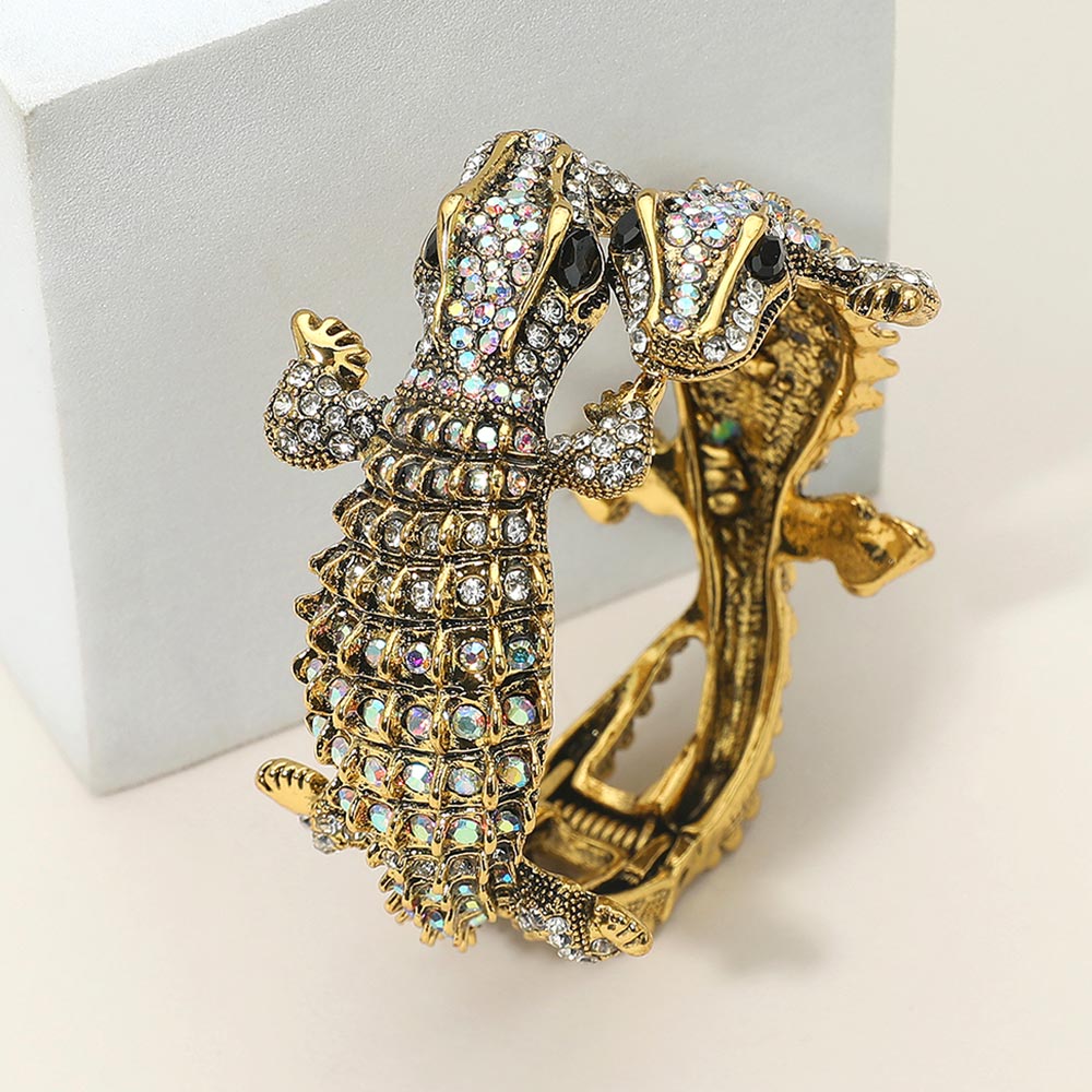 Crystal Rhinestone Double Crocodile/Alligator Evening Hinged Cuff Bracelet - AB, Gold - Bracelets