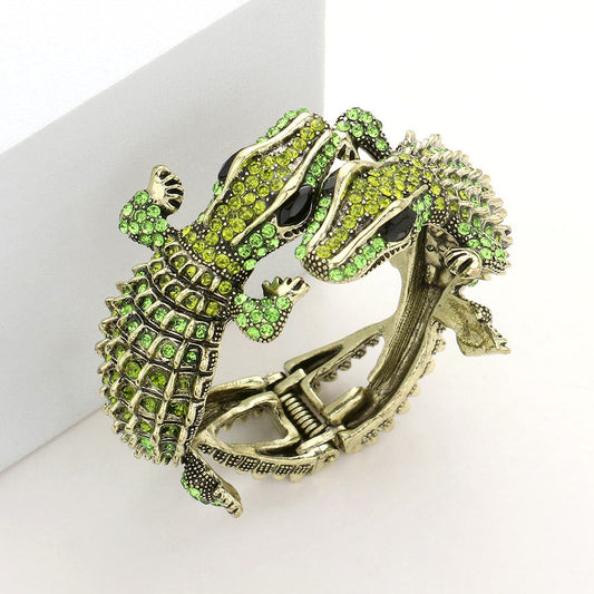 Crystal Rhinestone Double Crocodile/Alligator Evening Hinged Cuff Bracelet - Green - Bracelets
