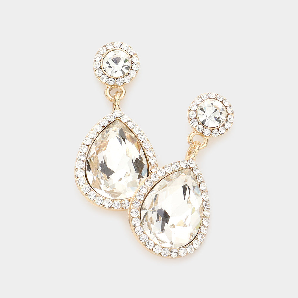 Rhinestone Trim Teardrop Crystal Evening Earrings - Gold - Earrings