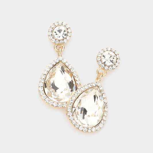Rhinestone Trim Teardrop Crystal Evening Earrings - Gold - Earrings