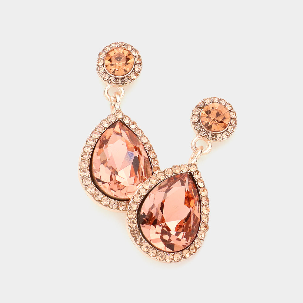 Rhinestone Trim Teardrop Crystal Evening Earrings - Peach, Rose Gold - Earrings