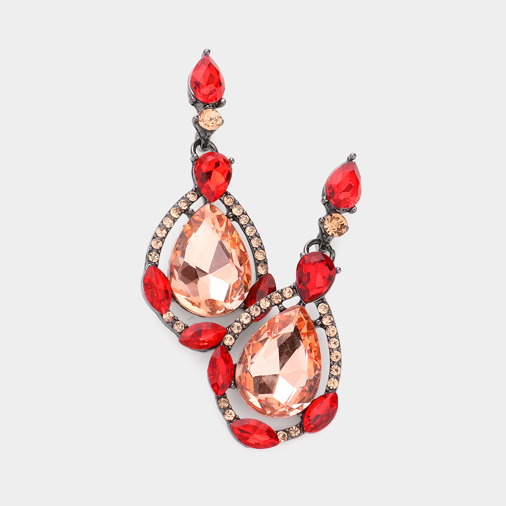 Crystal Rhinestone Teardrop Evening Earrings - Peach, Siam - Earrings