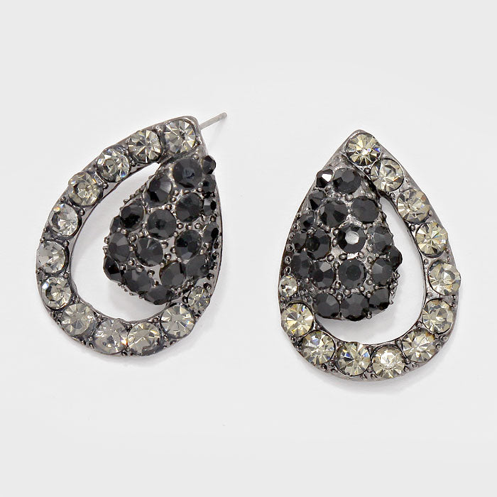 Crystal Rhinestone Teardrop Evening Earrings - Black, Hematite - Earrings