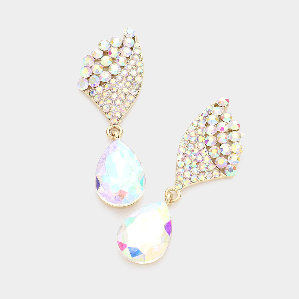 Crystal Rhinestone Teardrop Evening Earrings - AB, Gold - Earrings