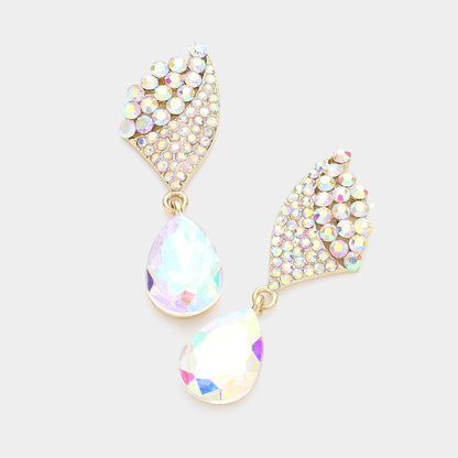 Crystal Rhinestone Teardrop Evening Earrings - AB, Gold - Earrings
