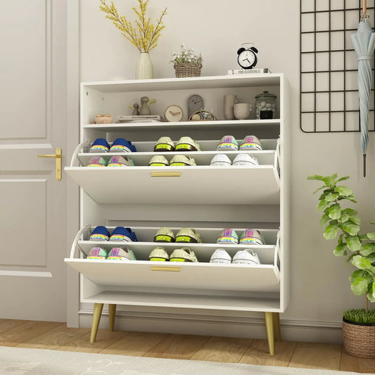 NOVAMAISON Shoe Cabinet for Entryway White Shoe Storage Cabinet with 2 Flip Doors and Shelf Narrow Hidden Shoe Cabinet for Entryway Slim Freestanding Shoe Rack Cabinet White Kia Day Design