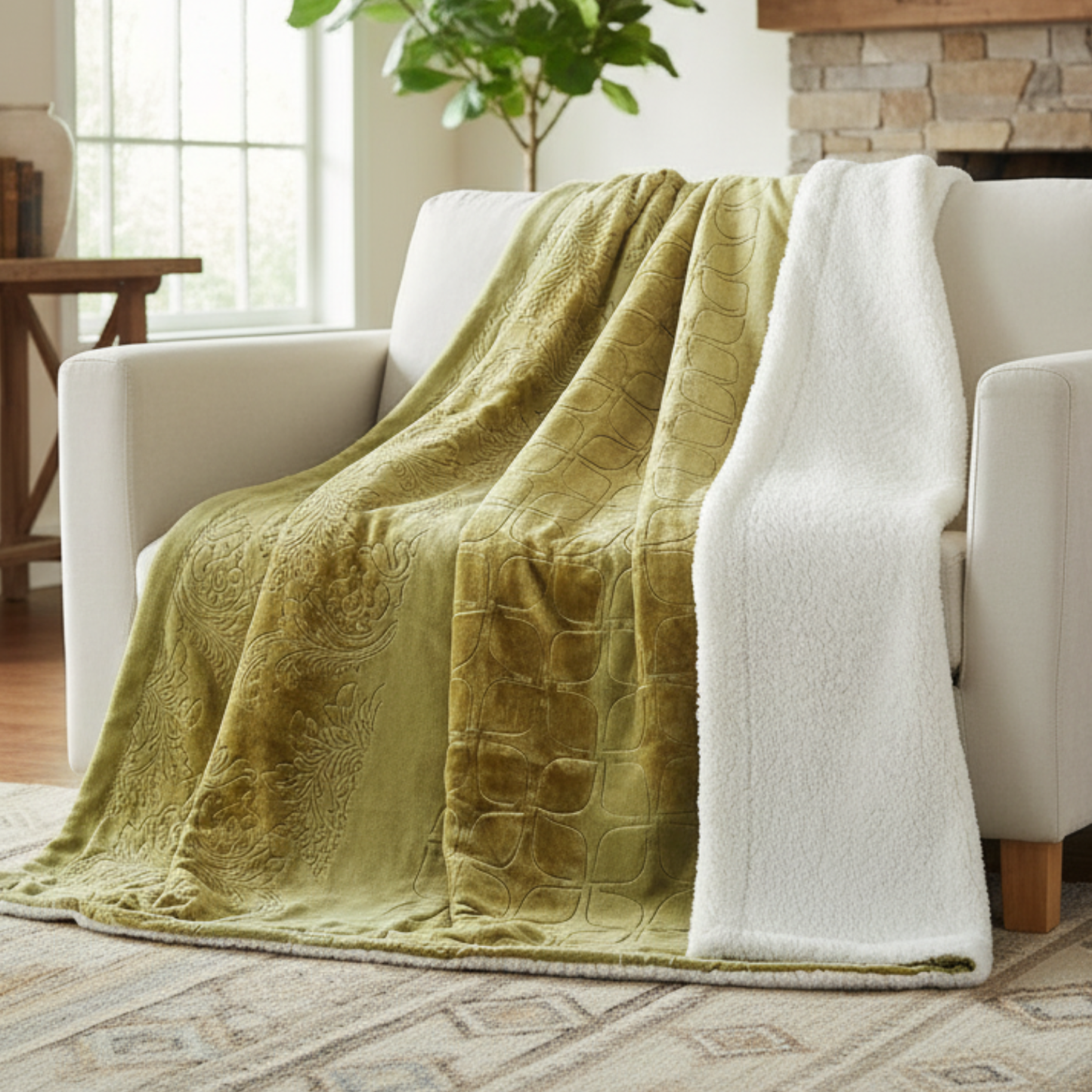 Tache Solid Embossed Green Olive Chartreuse Sherpa Throw Blanket (62096) - - Blanket