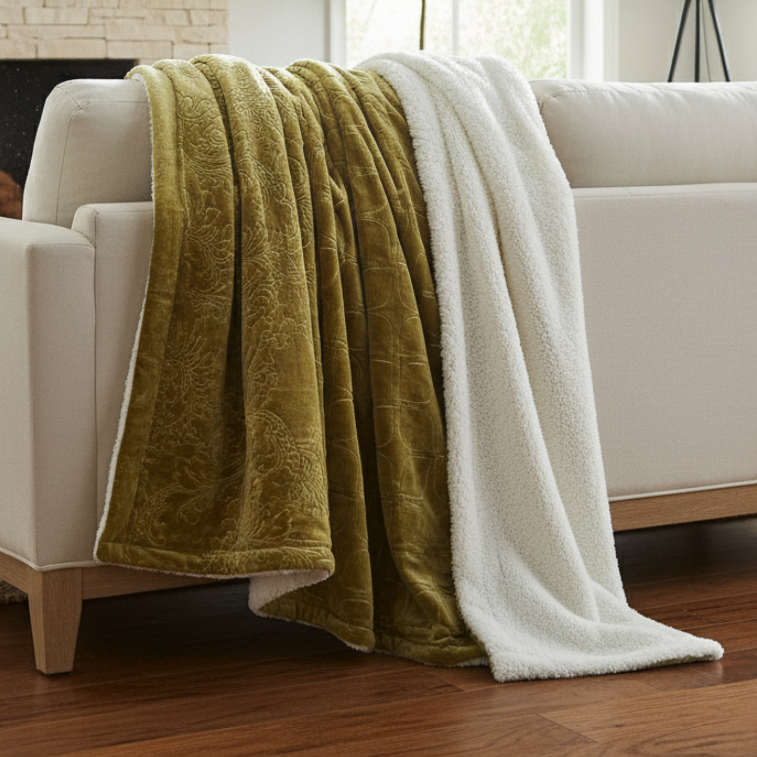 Tache Solid Embossed Green Olive Chartreuse Sherpa Throw Blanket (62096) - - Blanket