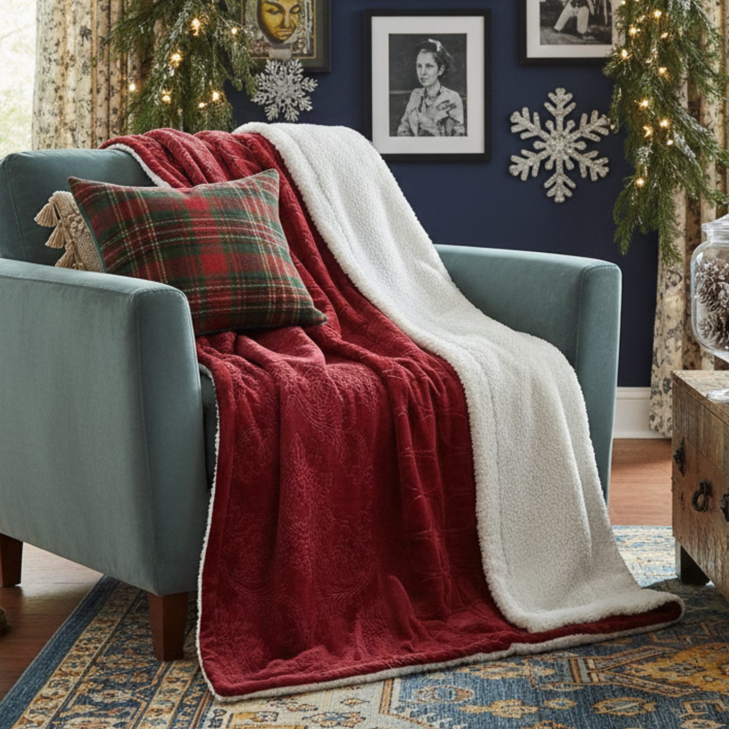 Tache Solid Embossed Merlot Red Reversible Sherpa Throw Blanket (62087) - - Blanket