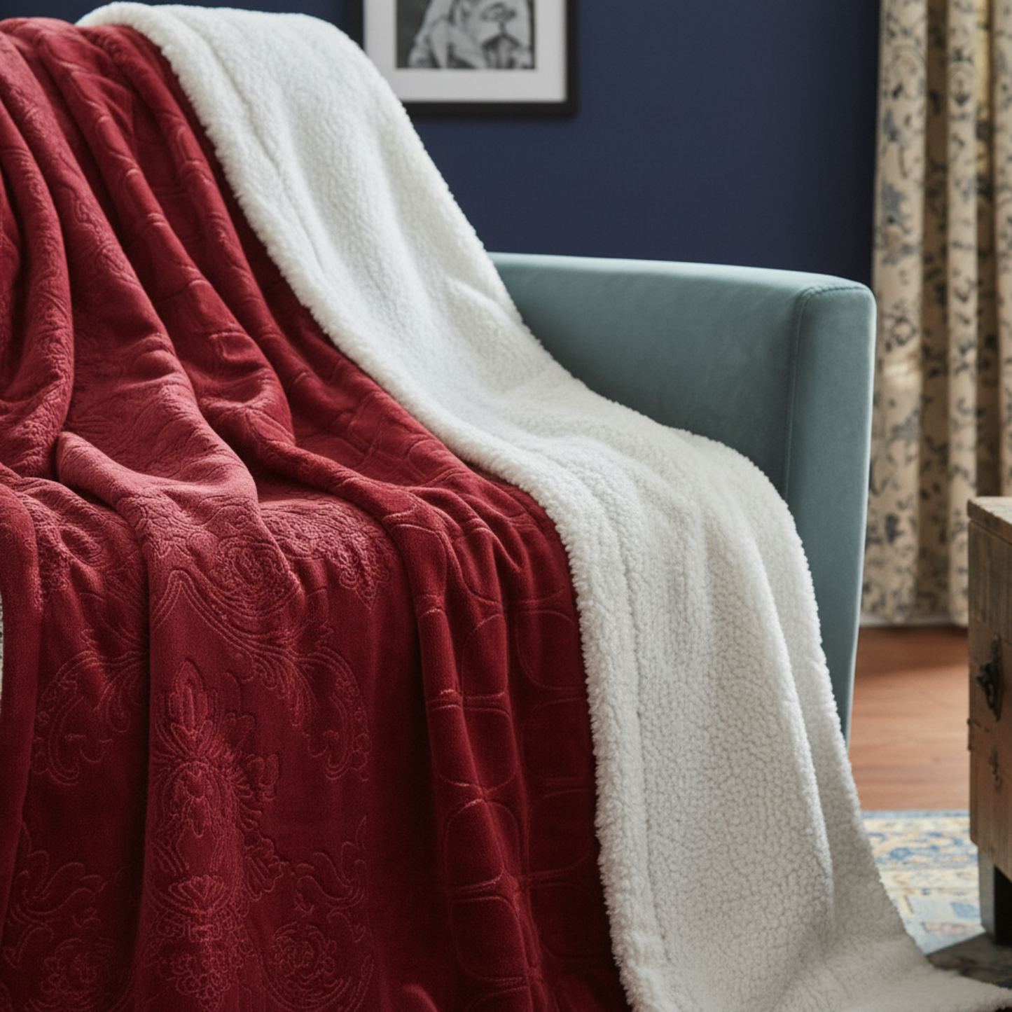 Tache Solid Embossed Merlot Red Reversible Sherpa Throw Blanket (62087) - - Blanket