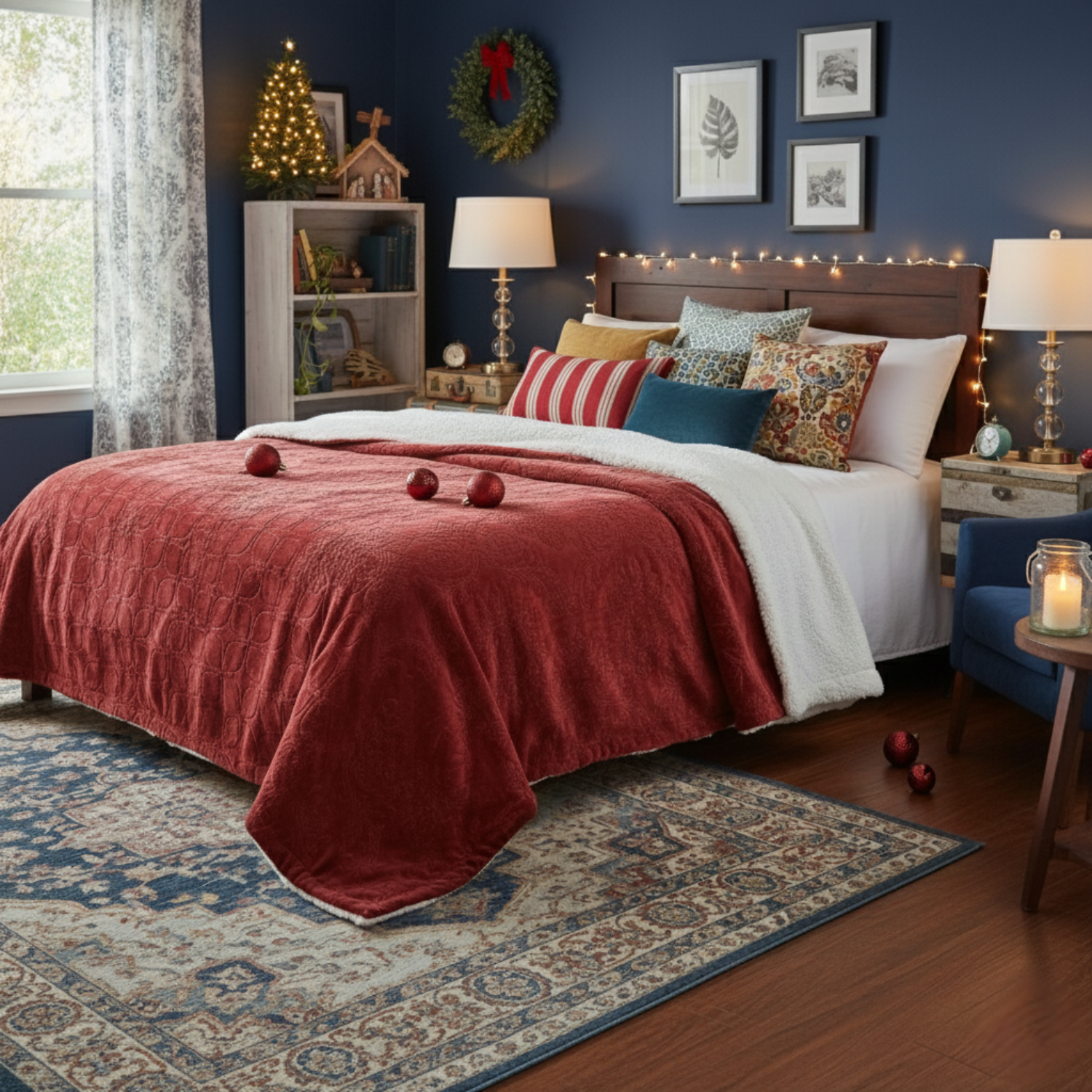 Tache Solid Embossed Merlot Red Reversible Sherpa Throw Blanket (62087) - - Blanket