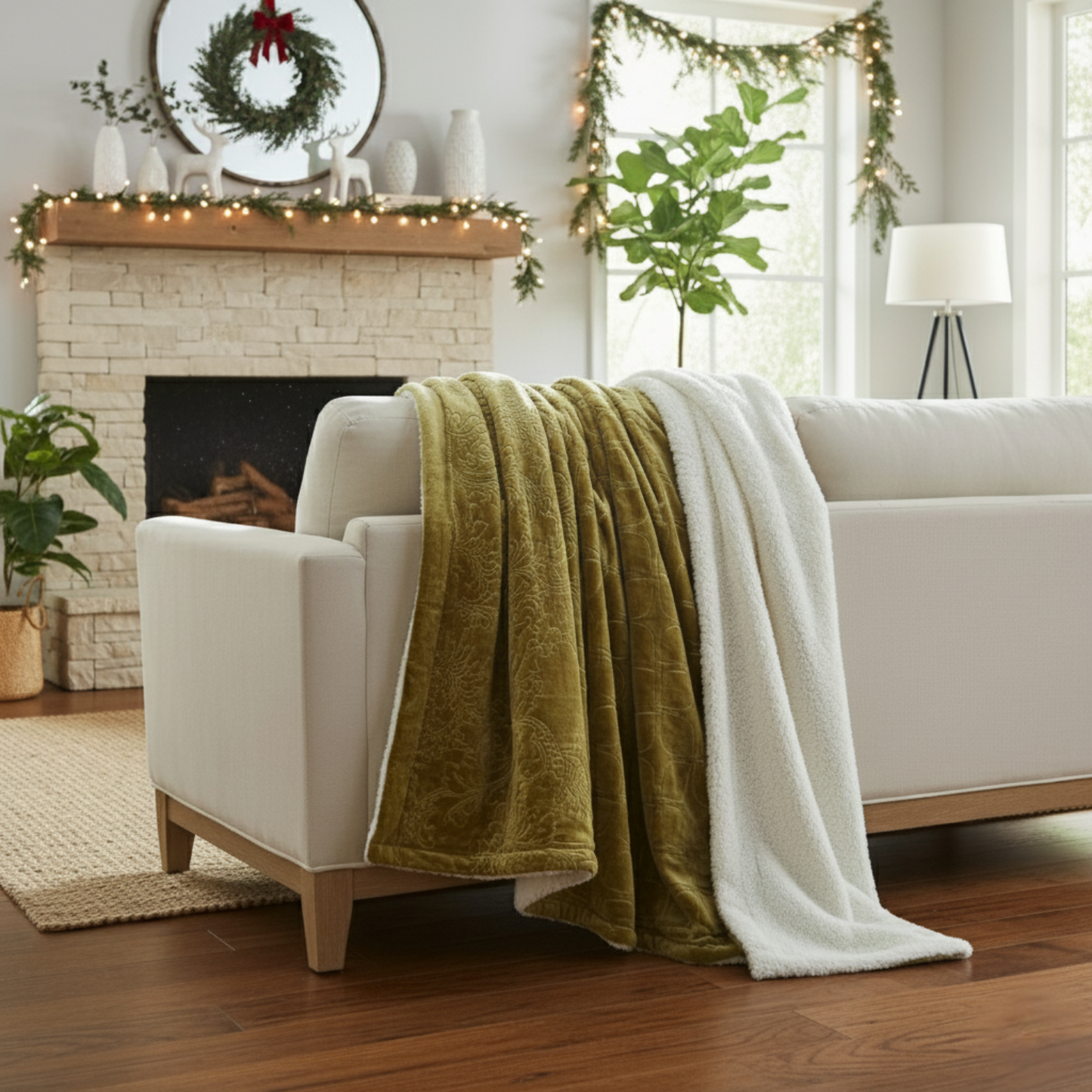 Tache Solid Embossed Green Olive Chartreuse Sherpa Throw Blanket (62096) - - Blanket