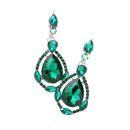 Crystal Rhinestone Teardrop Evening Earrings - Emerald - Earrings